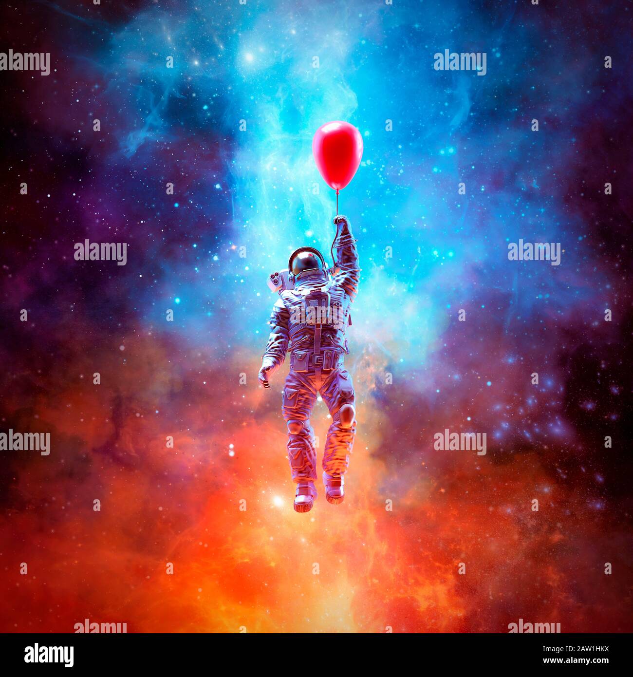 Traum von Flucht/3D-Illustration surrealer Science-Fiction-Szene mit Astronaut, der mit rotem Ballon in den Weltraum schwimmt Stockfoto