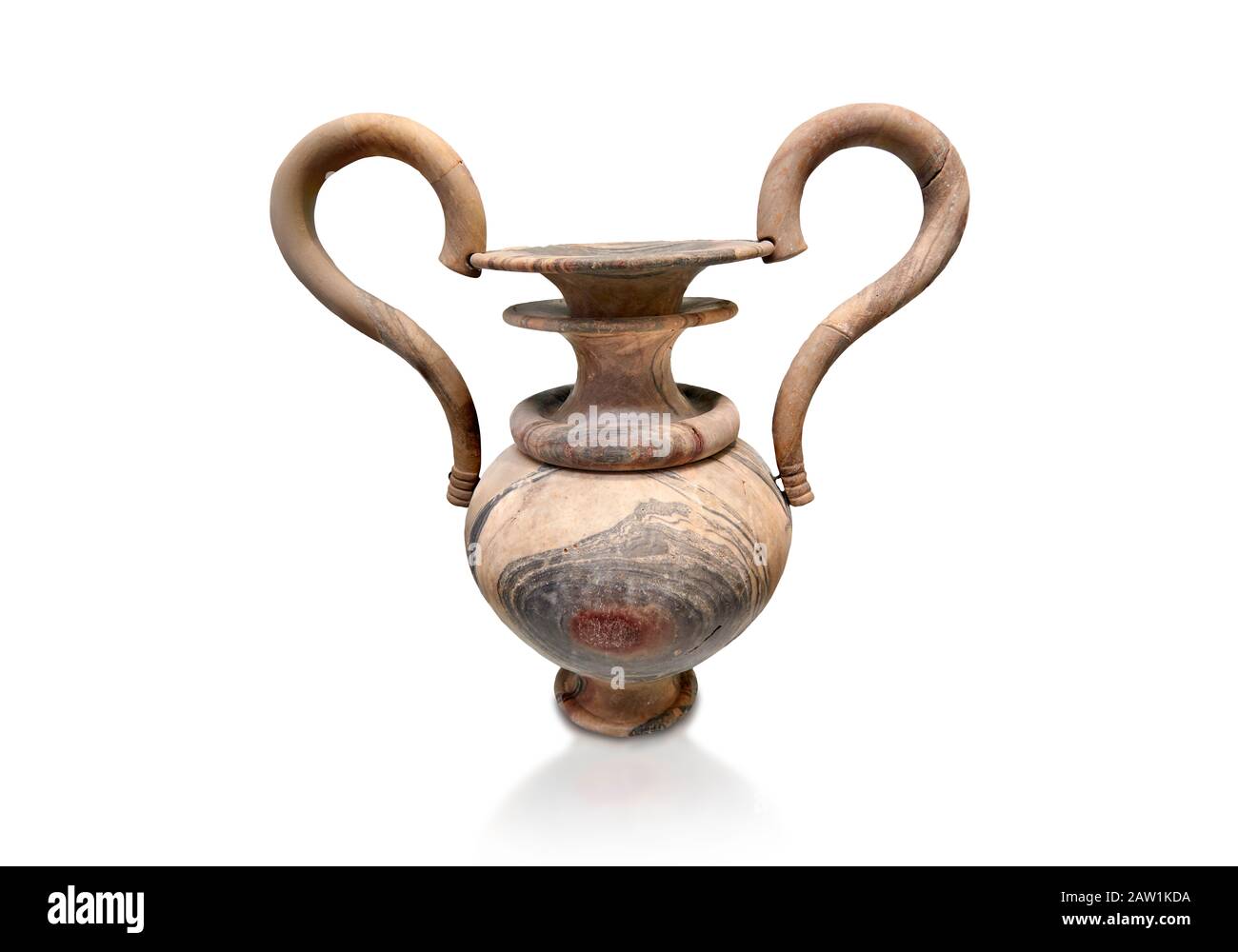 Kunstvolle minoische Amphore aus verhülltem Stein mit doppeltem Mund und s-förmigen Griffen, Zakros Central Sanctuary 1500-1400 v. Chr.; Heraklion Archaeological Mu Stockfoto