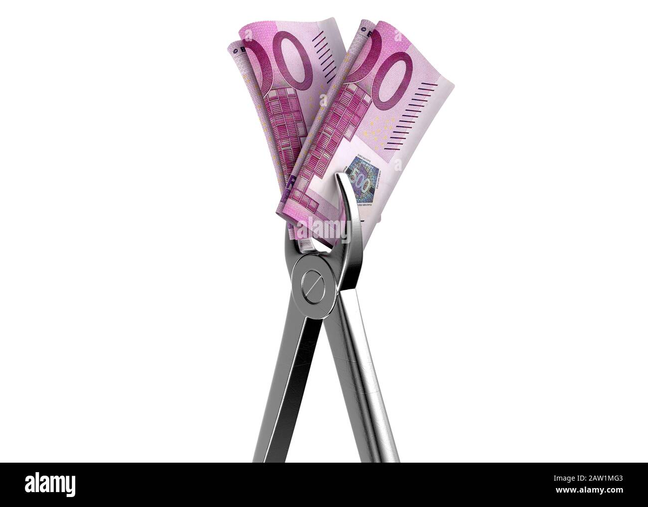 Eine medizinische Zange, die ein aufgerolltes Paar Eurobanknoten auf einem isolierten weißen Studiohintergrund - 3D-Rendering - festhält Stockfoto