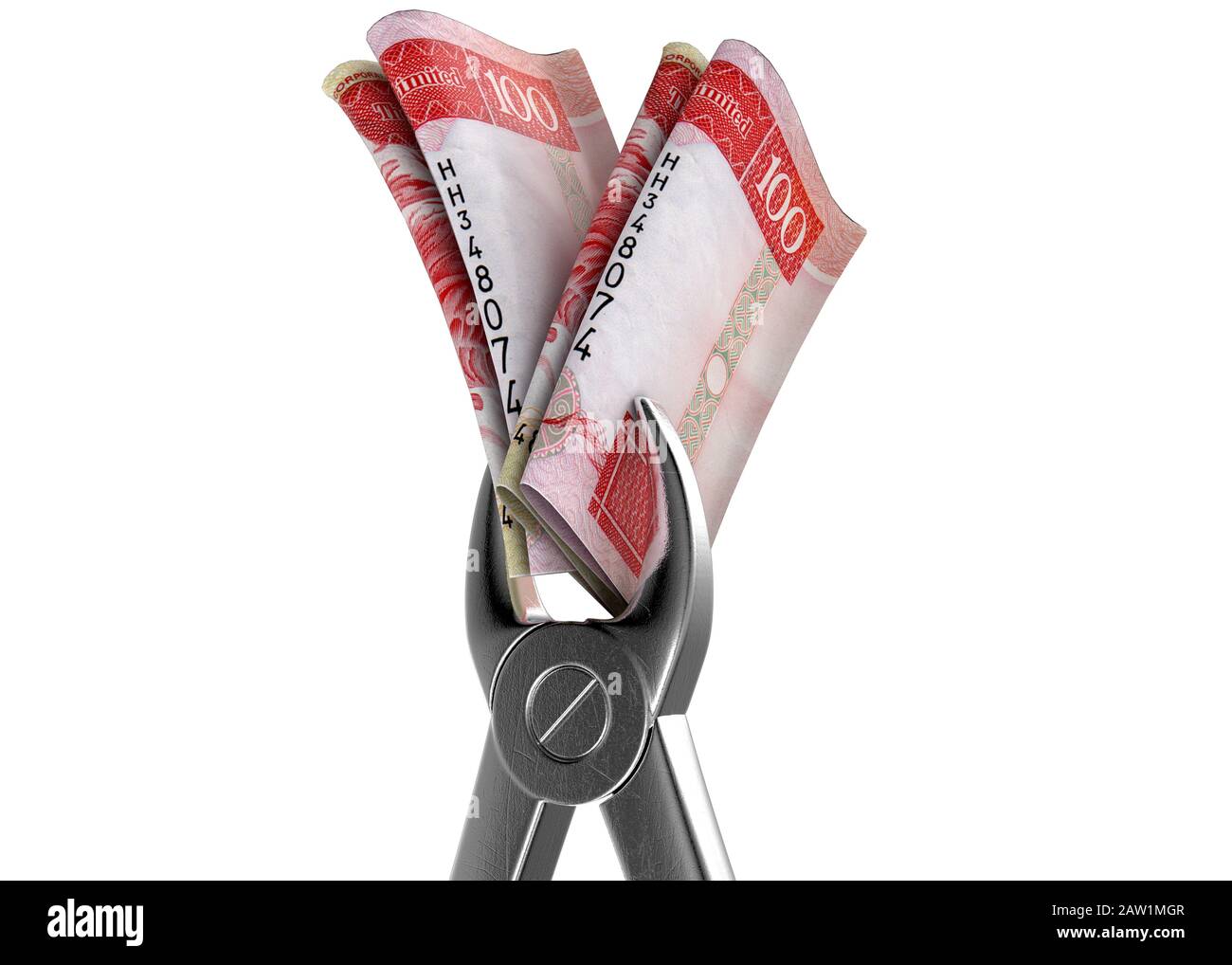 Eine medizinische Zange, die ein aufgerolltes Paar banknoten in hongkong auf einem isolierten weißen Studiohintergrund - 3D-Rendering - einschleuderte Stockfoto