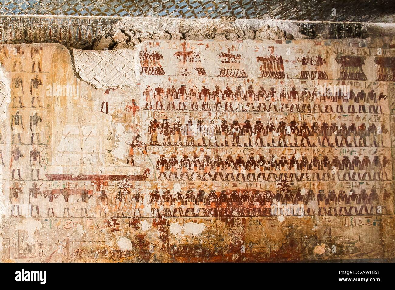 Mittelägypten, Deir el Bersha, Grab des Djehutyhotep, Mittelreich. Hauptraum, die bekannteste Szene: Transport einer kolossalen Statue. Stockfoto