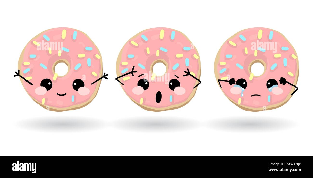 Cartoon lustige pinke Donut. Handgezeichneter Satz von Emoji. Vektor Emoticon Illustration Lebensmittel Stock Vektor