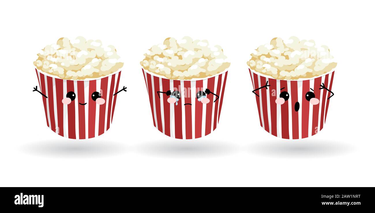 Cartoon lustiger Popcorn. Handgezeichneter Satz von Emoji. Vektor Emoticon Illustration Lebensmittel Stock Vektor