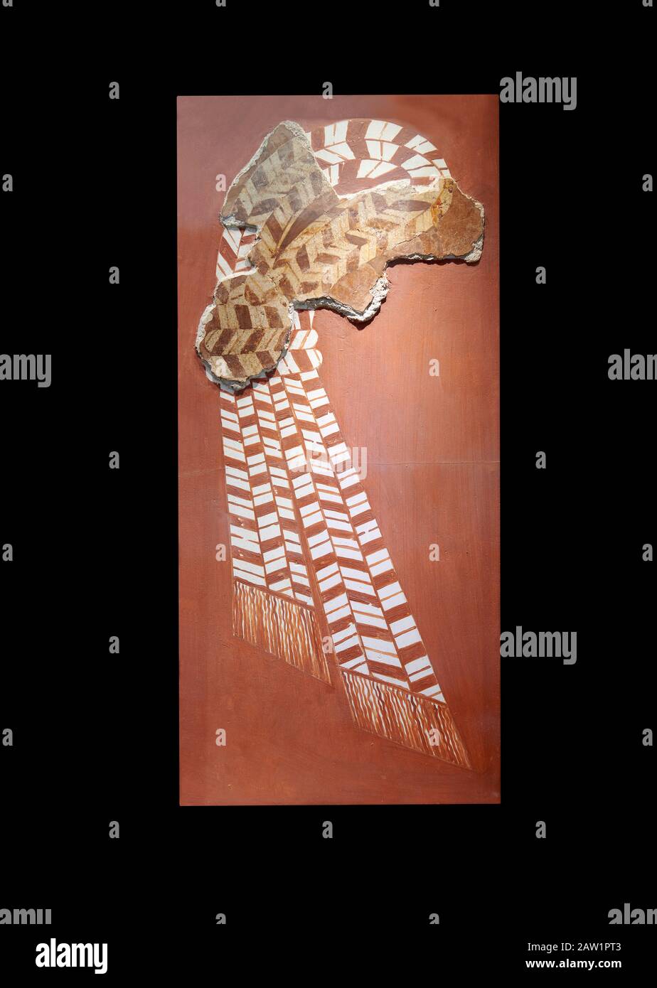 Minoische Wandkunst im "Knoten"-Fresko, die das religiöse apotropäische Symbol Nirou Chani 1600-1450 v. Chr. darstellt. Archäologisches Museum Heraklion., schwarzer Bac Stockfoto