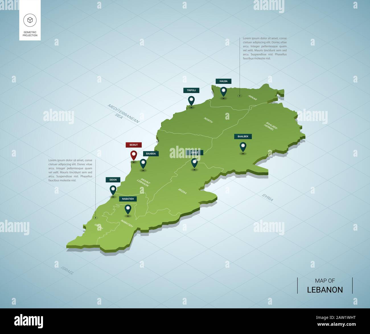 Stilisierte Karte des Libanon. Isometrische 3D-Grünkarte mit Städten, Grenzen, Hauptstadt Beirut, Regionen. Vektorgrafiken. Editierbare Ebenen, die deutlich beschriftet sind. E Stock Vektor