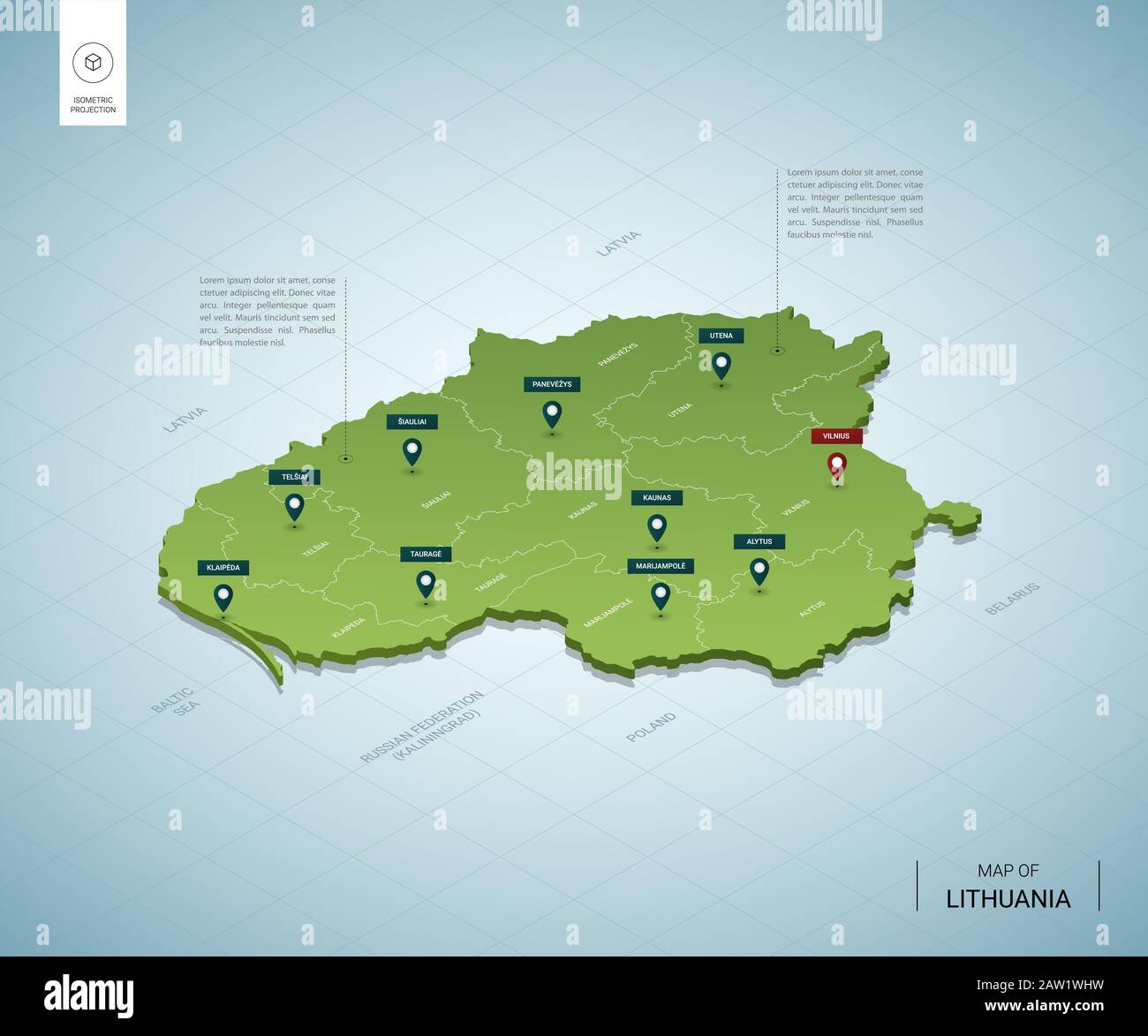 Stilisierte Karte von Litauen. Isometrische 3D-Grünkarte mit Städten, Grenzen, Hauptstadt Vilnius, Regionen. Vektorgrafiken. Editierbare Ebenen, die deutlich beschriftet sind Stock Vektor