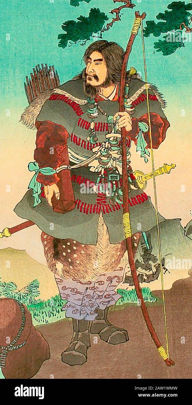 Holzblockenabdruck mit dem legendären ersten Kaiser Jimmu, der einen heiligen Vogel wegfliegen sah, während er auf der Expedition des östlichen Abschnitts Japans war. Stockfoto