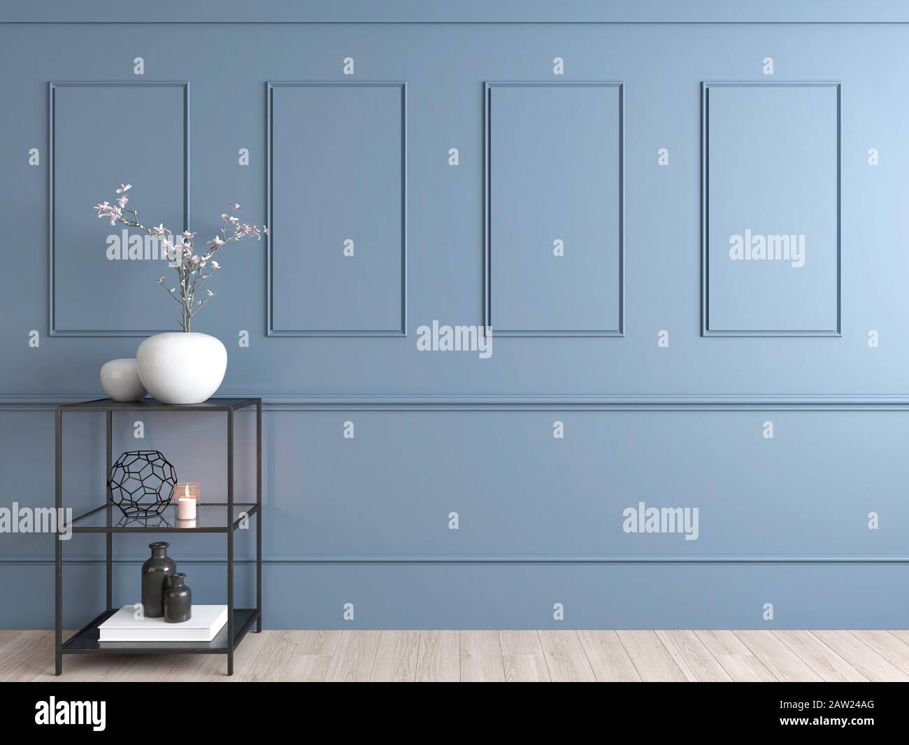 Saubere und elegante Einrichtung in hellblauer Wand mit Platz für Kopien. 3D-Rendering Stockfoto