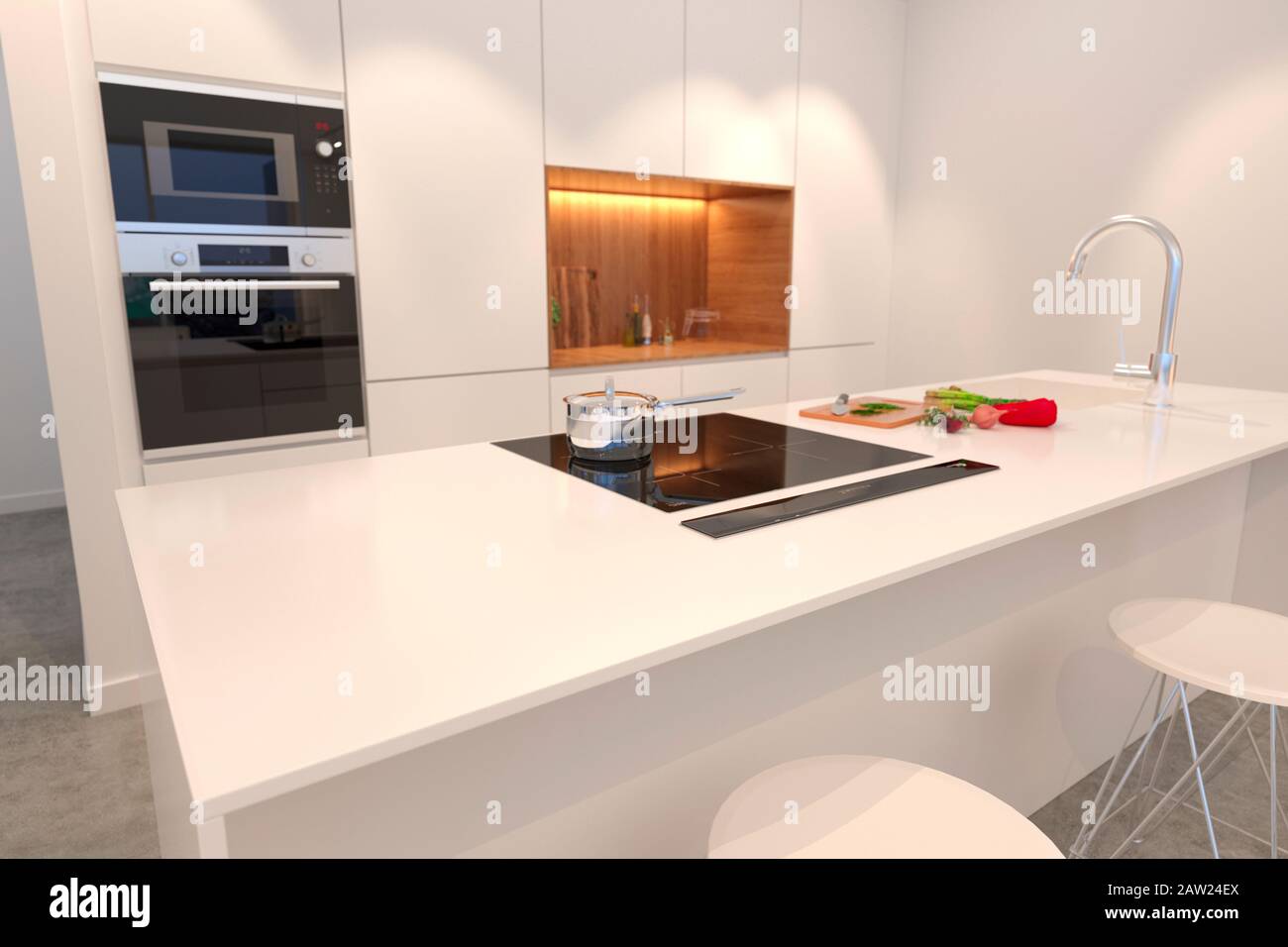 Nahansicht der modernen weißen Küchenunterseite mit Kopierbereich, 3D-Rendering Stockfoto