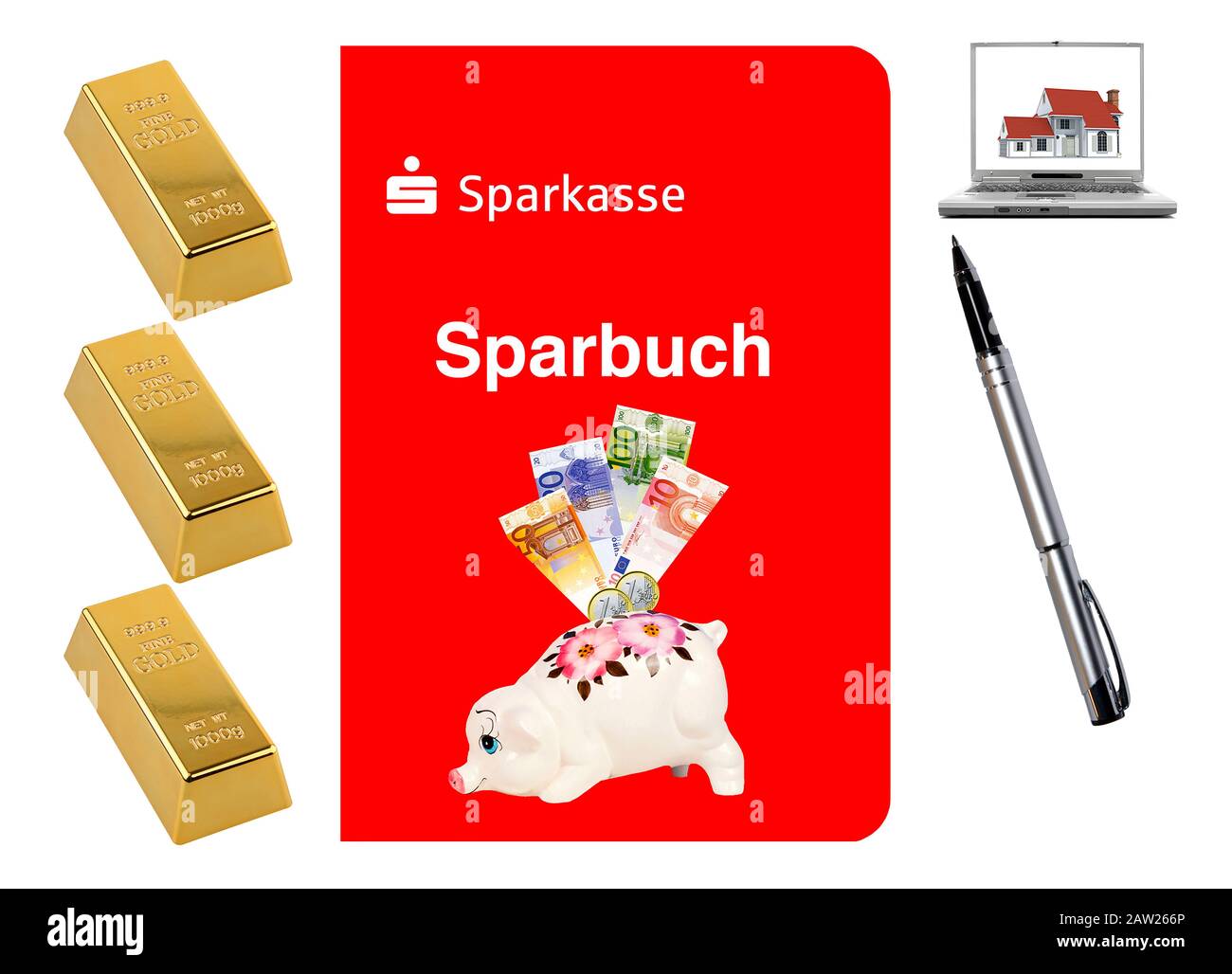 Bankbuch der Sparkasse mit Schweinebank, Euro-Scheine, Goldbarren Stockfoto