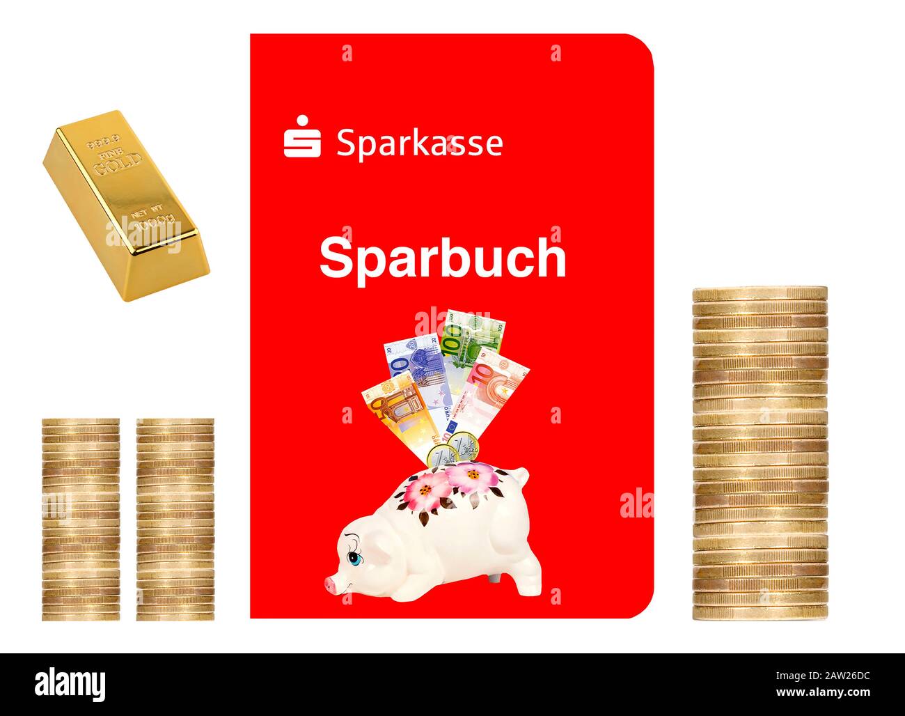Bankbuch der Sparkasse mit Schweinebank, Euro-Scheine, Münzen und Goldbarren Stockfoto