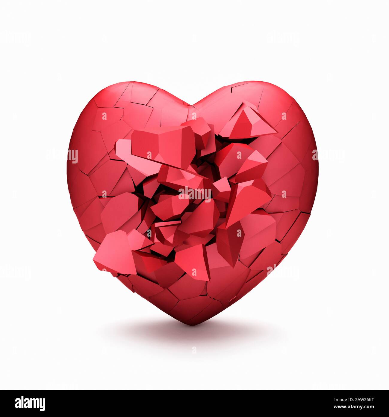Rot zerbrochenes Herz, das in kleine Stücke zerbricht und wegbröckelt Stockfoto