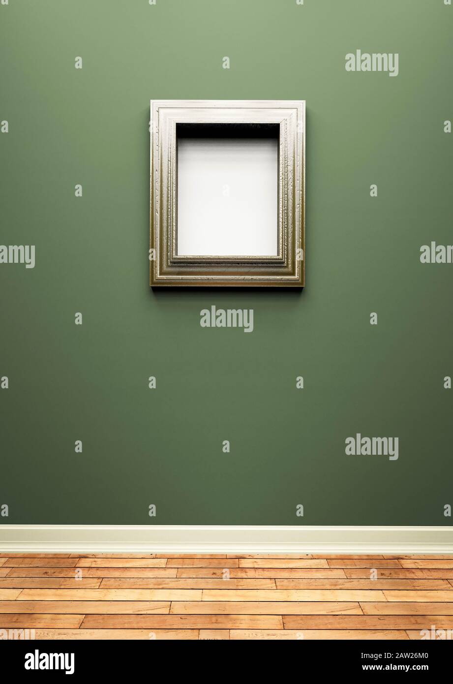 Dicker, leerer Metallic-Bilderrahmen an einer grünen Wand Stockfoto