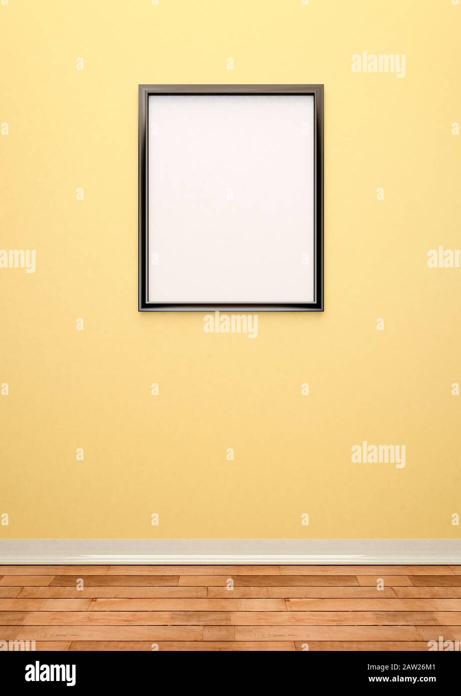 Bilderrahmen. Großer schwarzer leerer Bilderrahmen an einer gelben Wand Stockfoto