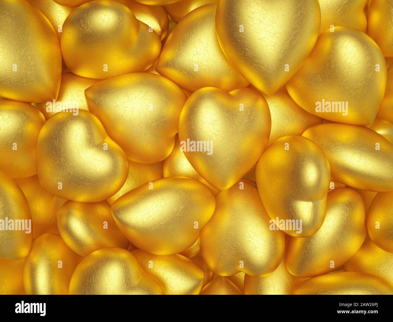 Große Gruppe goldener Liebesherzen Stockfoto