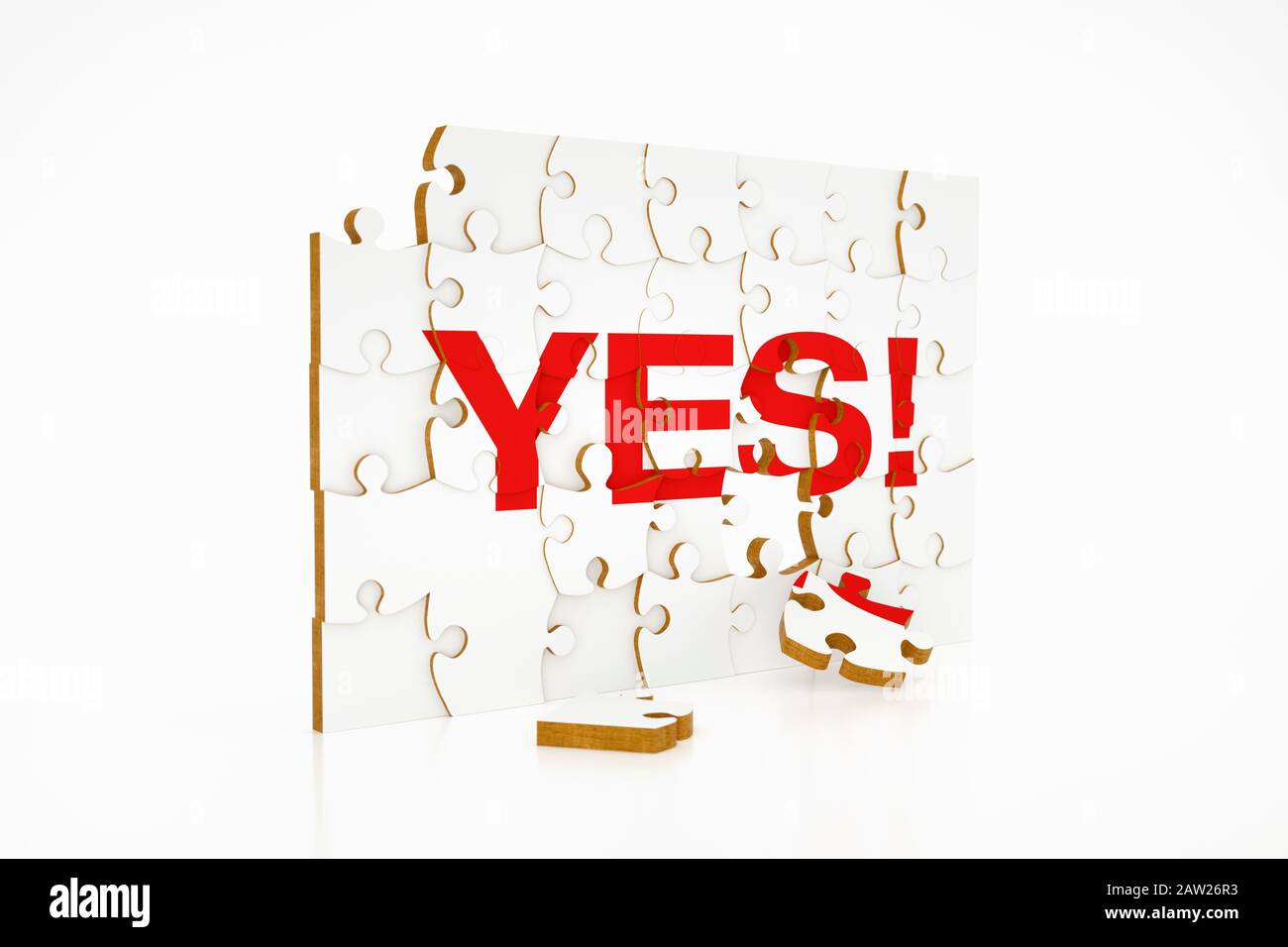 Unvollständiges Puzzle, das das Wort "ja!" macht Stockfoto