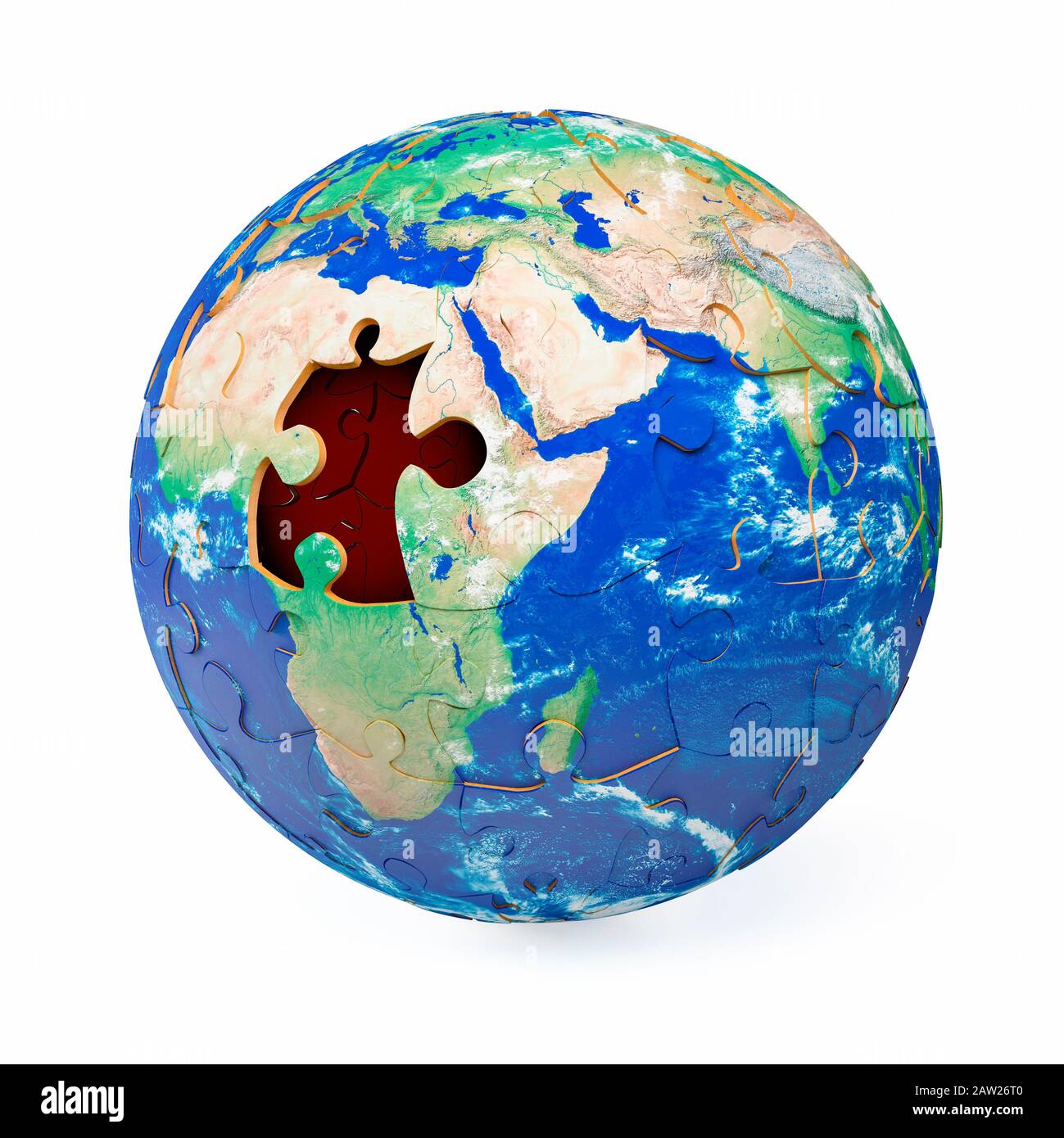 Puzzle aus der Welt des Globus, das ein Stück zeigt, das auf dem afrikanischen Kontinent auf der Erde fehlt Stockfoto