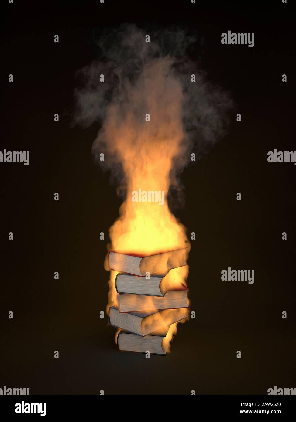 Stapel brennender Bücher, in Flammen verschüttert Stockfoto
