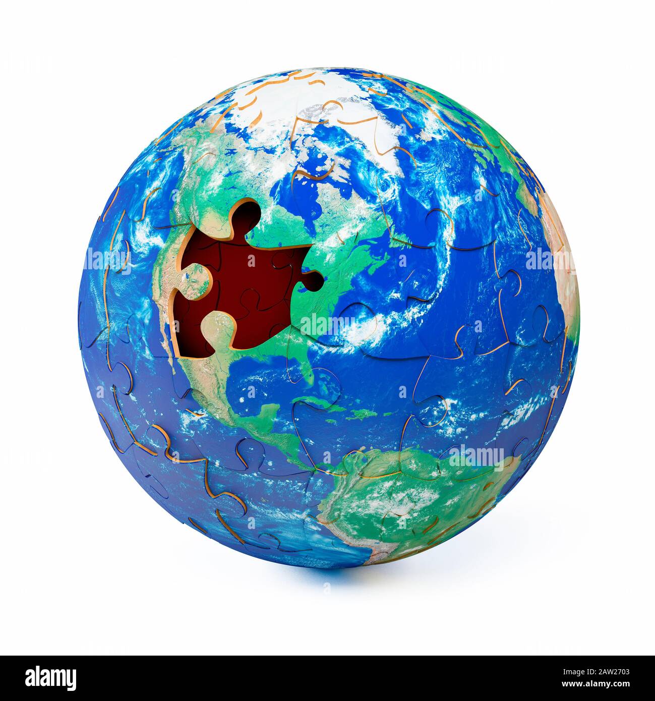 Puzzle aus der Welt des Globus, das ein Stück zeigt, das auf dem Kontinent Nordamerika auf der Erde fehlt Stockfoto