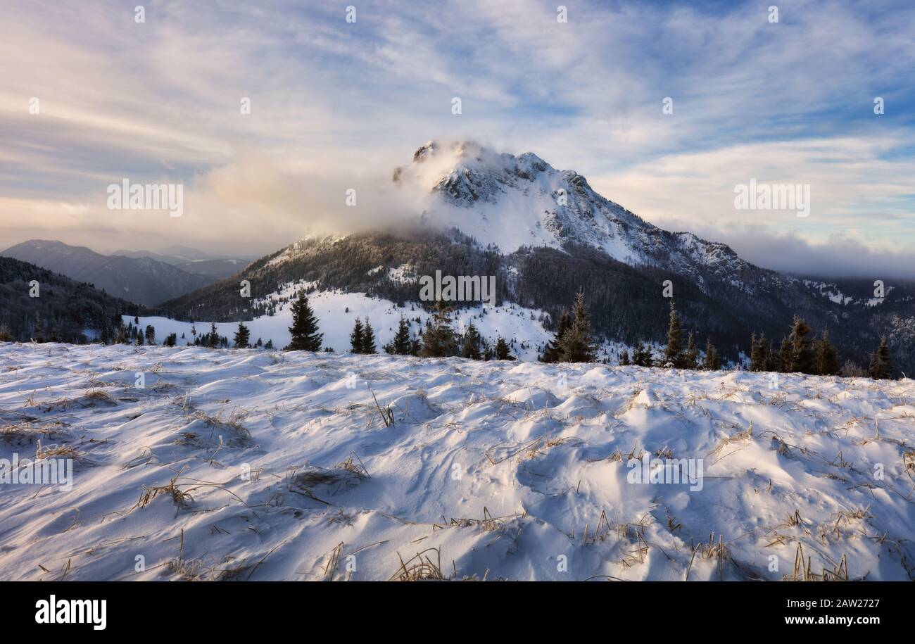 Winterlandschaft in Mala Fatra auf dem Hügel Velky Rozsutec in der Slowakei Stockfoto