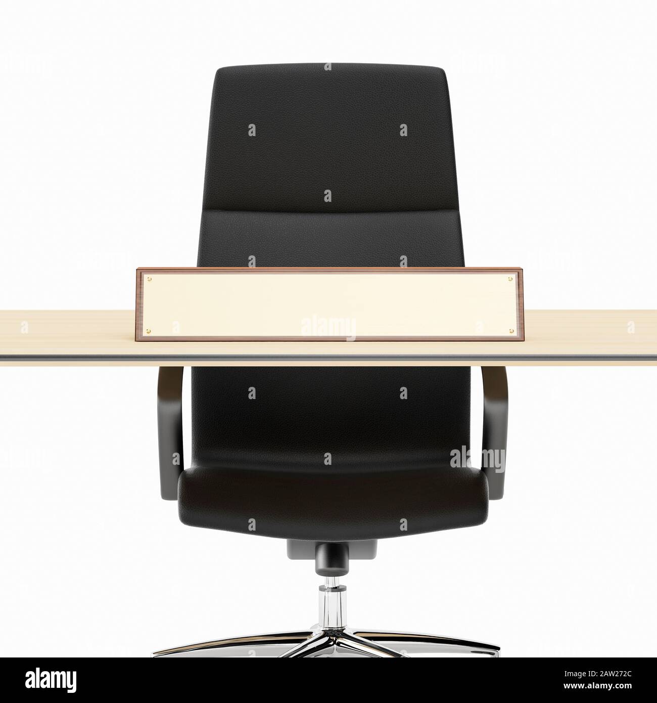 Ein Bürostuhl aus Leder und ein leerer Büroschreibtisch mit einem leeren Namensschild Stockfoto