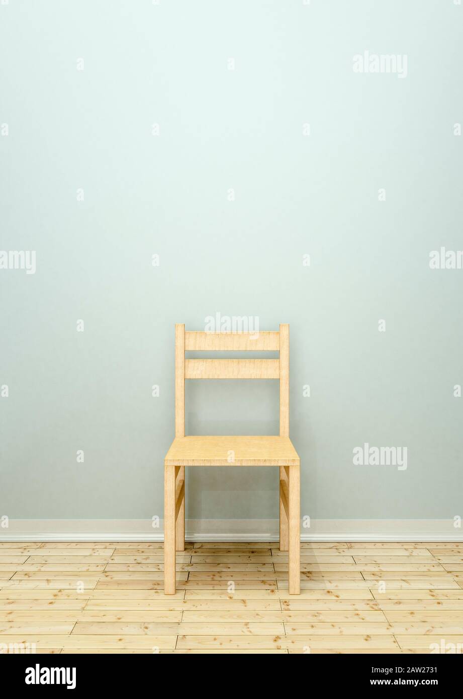Holzstuhl in einem leeren Raum mit Holzboden Stockfoto