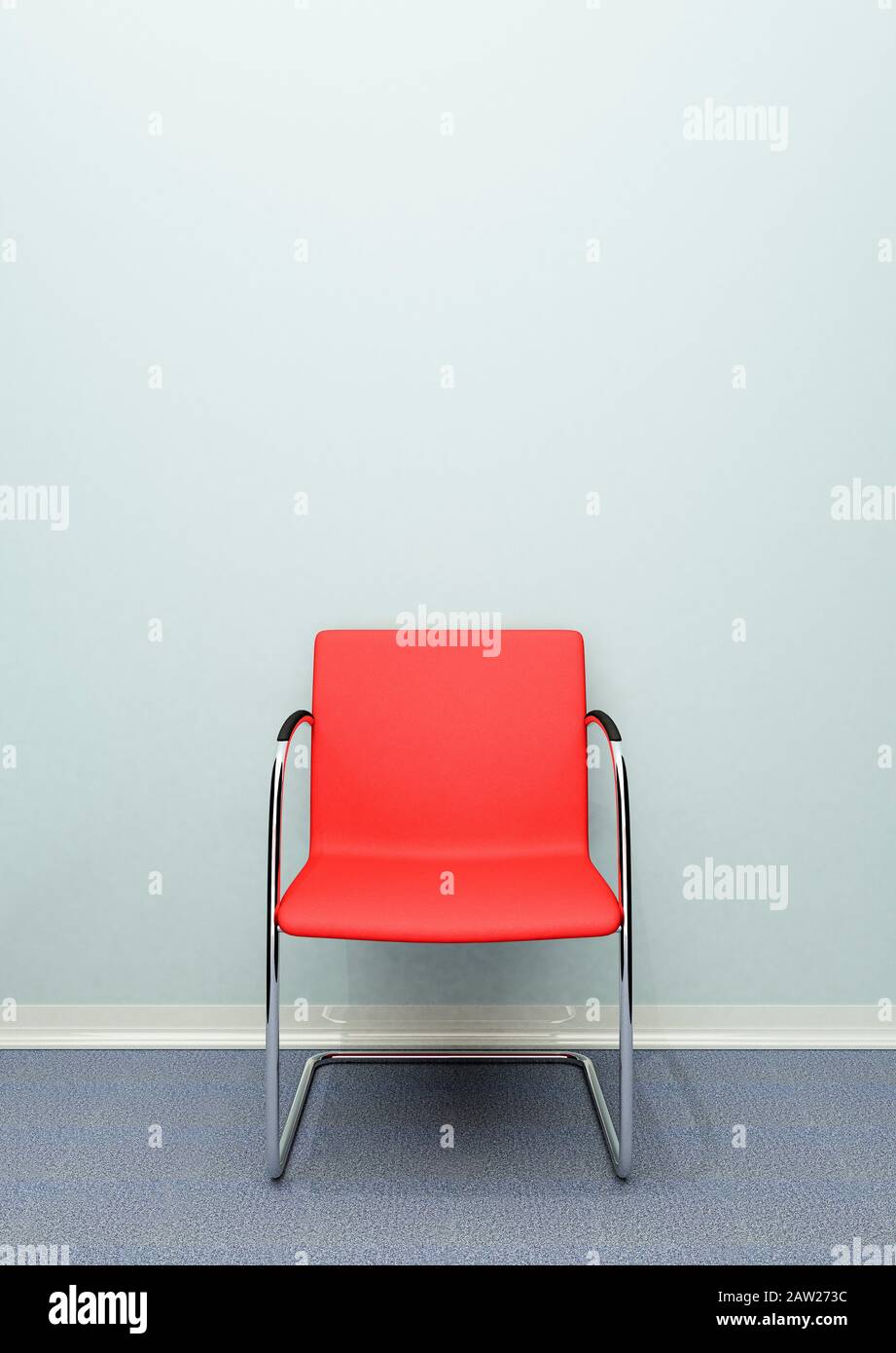 Ein Warteraum sitzt in einem leeren Raum gegen eine Wand Stockfoto