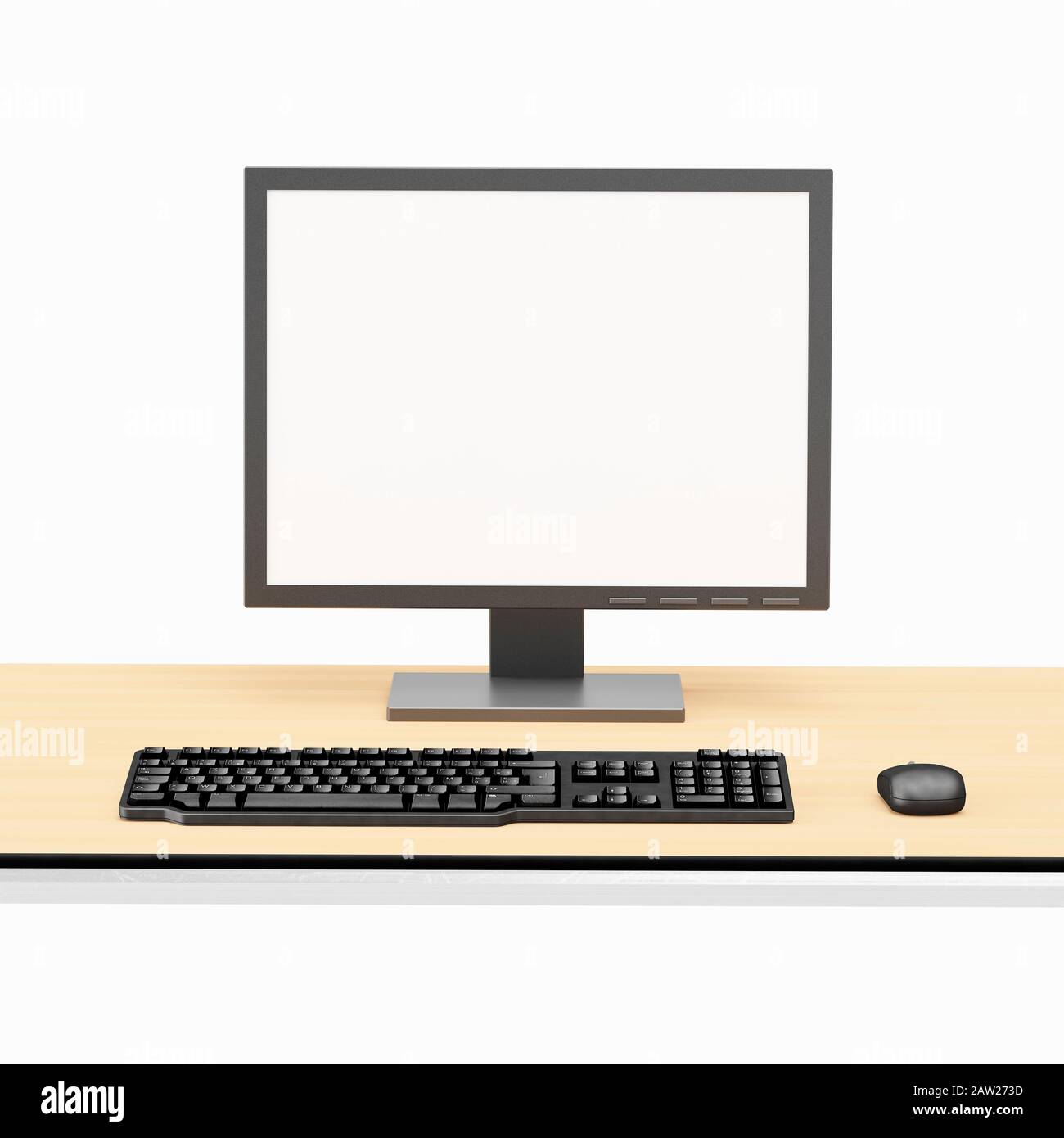 Leerer Computerbildschirm, Tastatur und Maus auf einem Büroschreibtisch Stockfoto