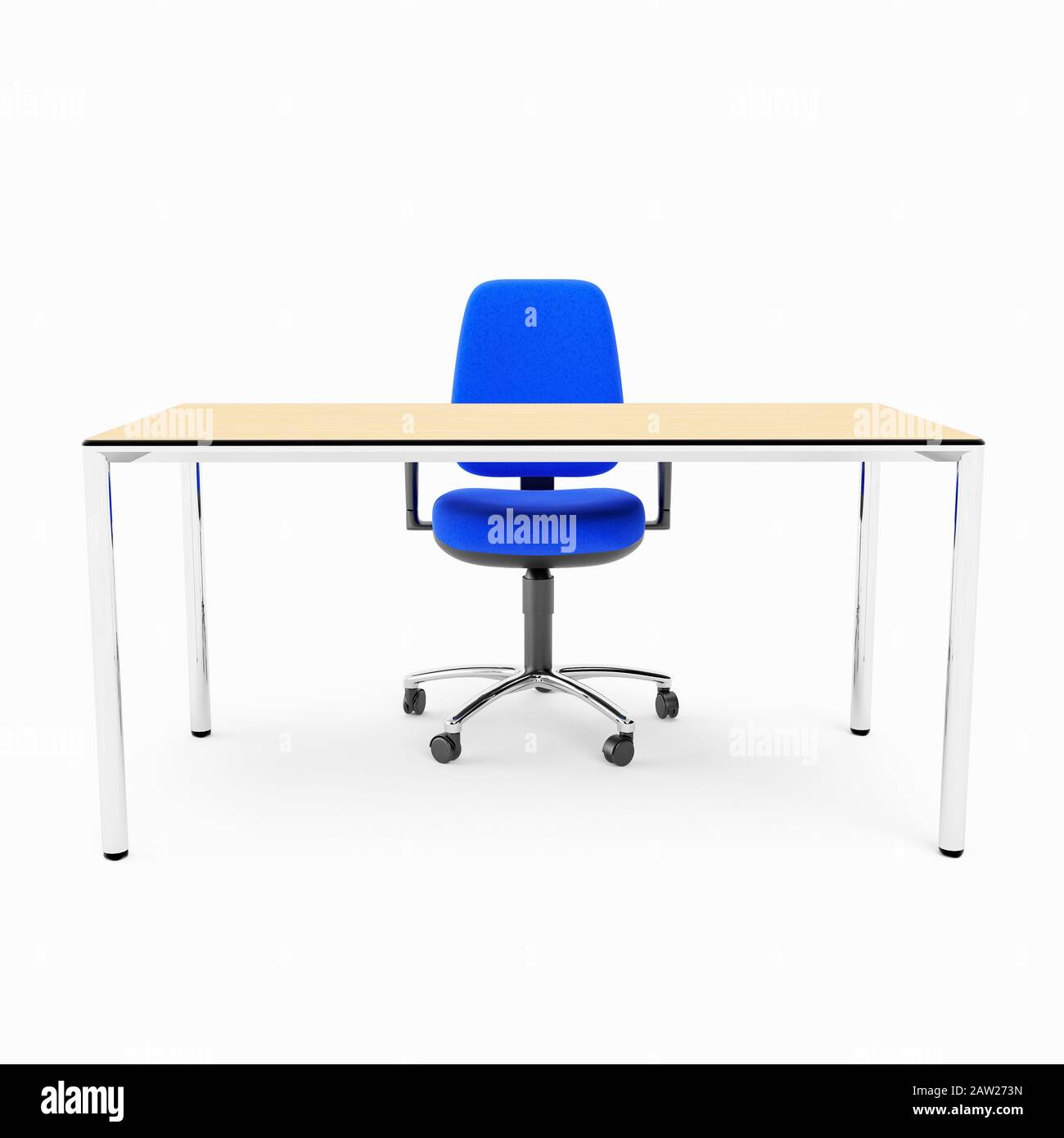Ein blauer Bürostuhl und ein leerer Büroschreibtisch Stockfoto