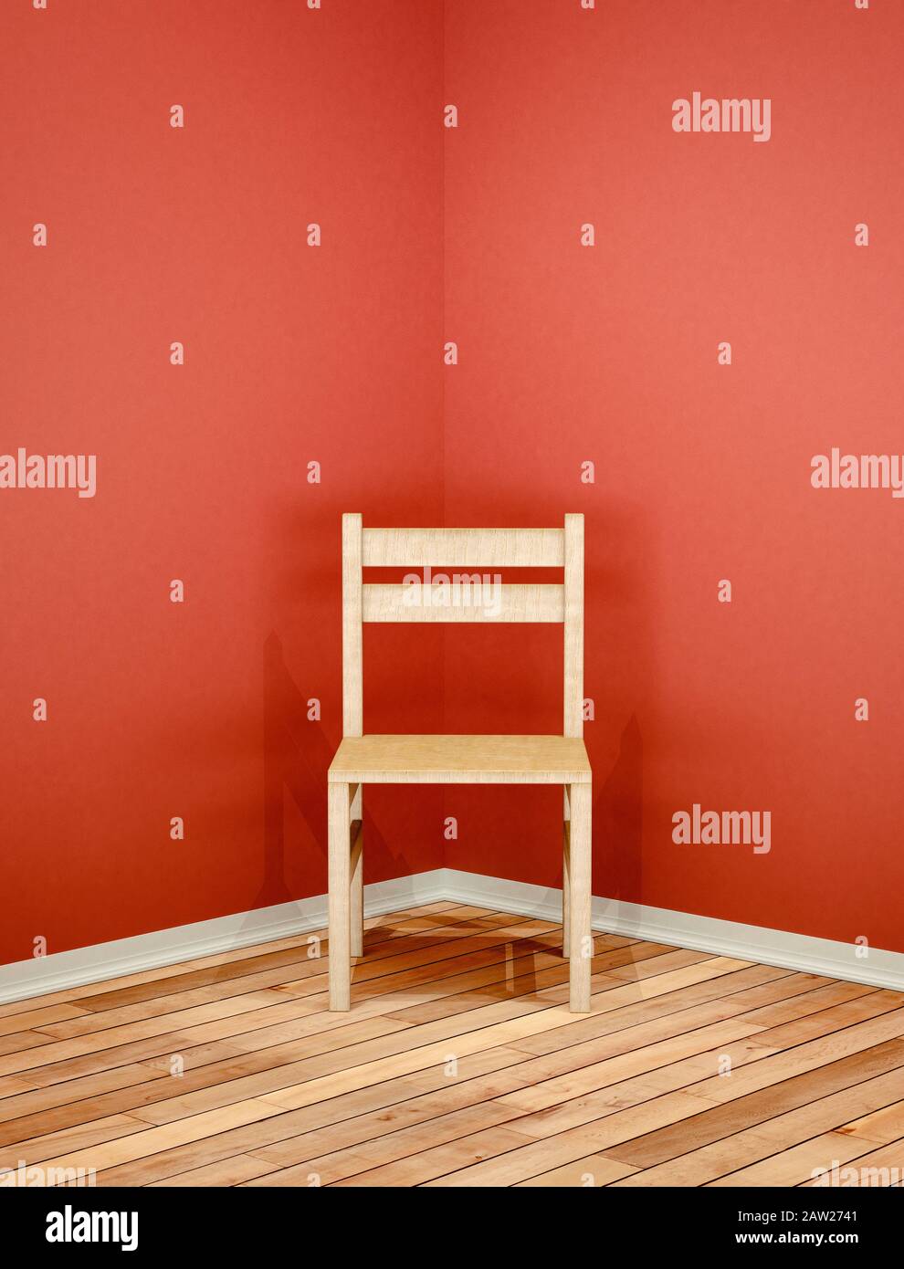 Holzstuhl in der Ecke eines leeren Raumes Stockfoto