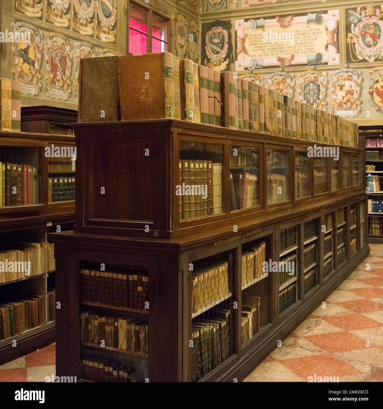 Alte, alte Bibliothek mit Bücherregalen und endlosen Korridoren, die nach dem Klassifizierungssystem der Bibliothek in einer bestimmten Reihenfolge angeordnet sind. Stockfoto