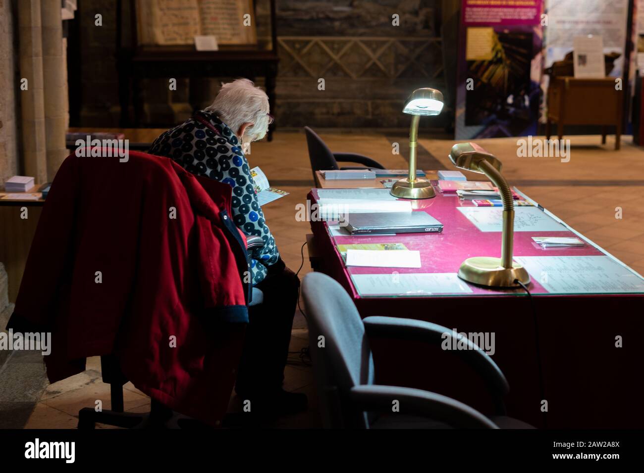 Eine ältere Dame, die an einem Schreibtisch sitzt und unter Lampenlicht liest Stockfoto