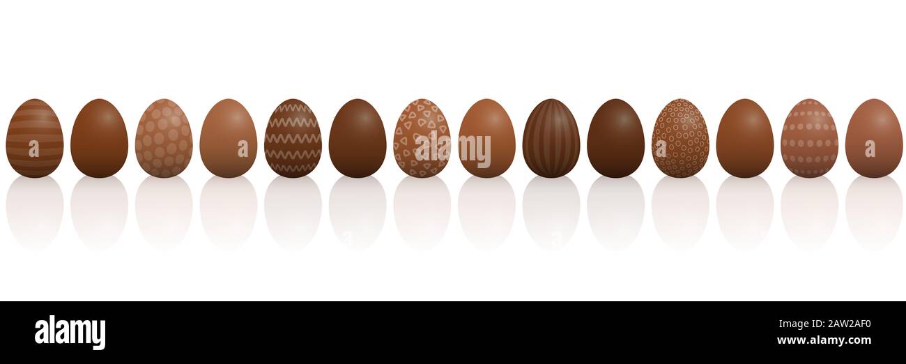 Schokolade Ostereier. Gefüttert mit verschiedenen Schokolade und Mustern, dunkel-, hell- und Milchschokolade. Dreidimensionale Darstellung auf Weiß. Stockfoto