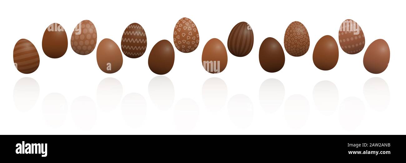 Schokolade Ostereier. Gefüttert mit verschiedenen Schokolade und Mustern, dunkel-, hell- und Milchschokolade. Dreidimensionale Darstellung auf Weiß. Stockfoto