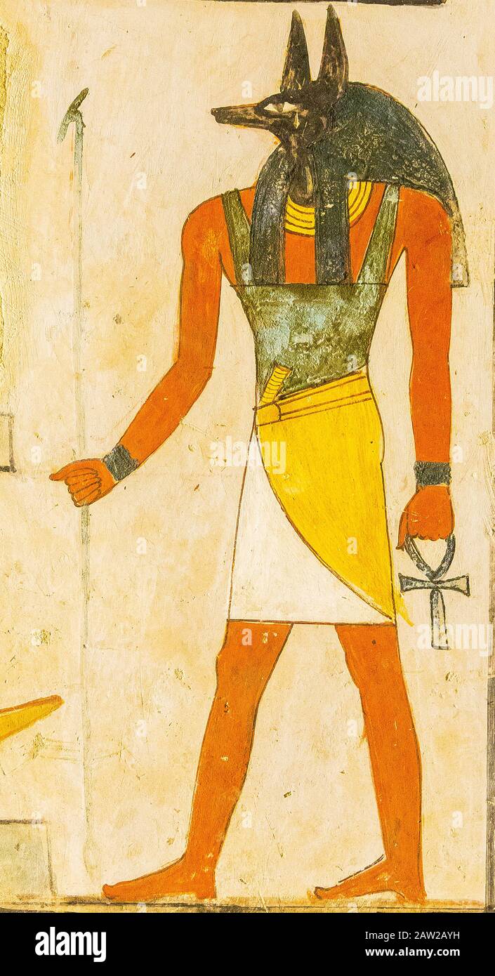 Luxor in Ägypten, Tal der Nobles, Grab von Menna. Der gott Anubis, der typischerweise mit einem Schakalkopf (oder schwarzem Hund) dargestellt wird. Stockfoto