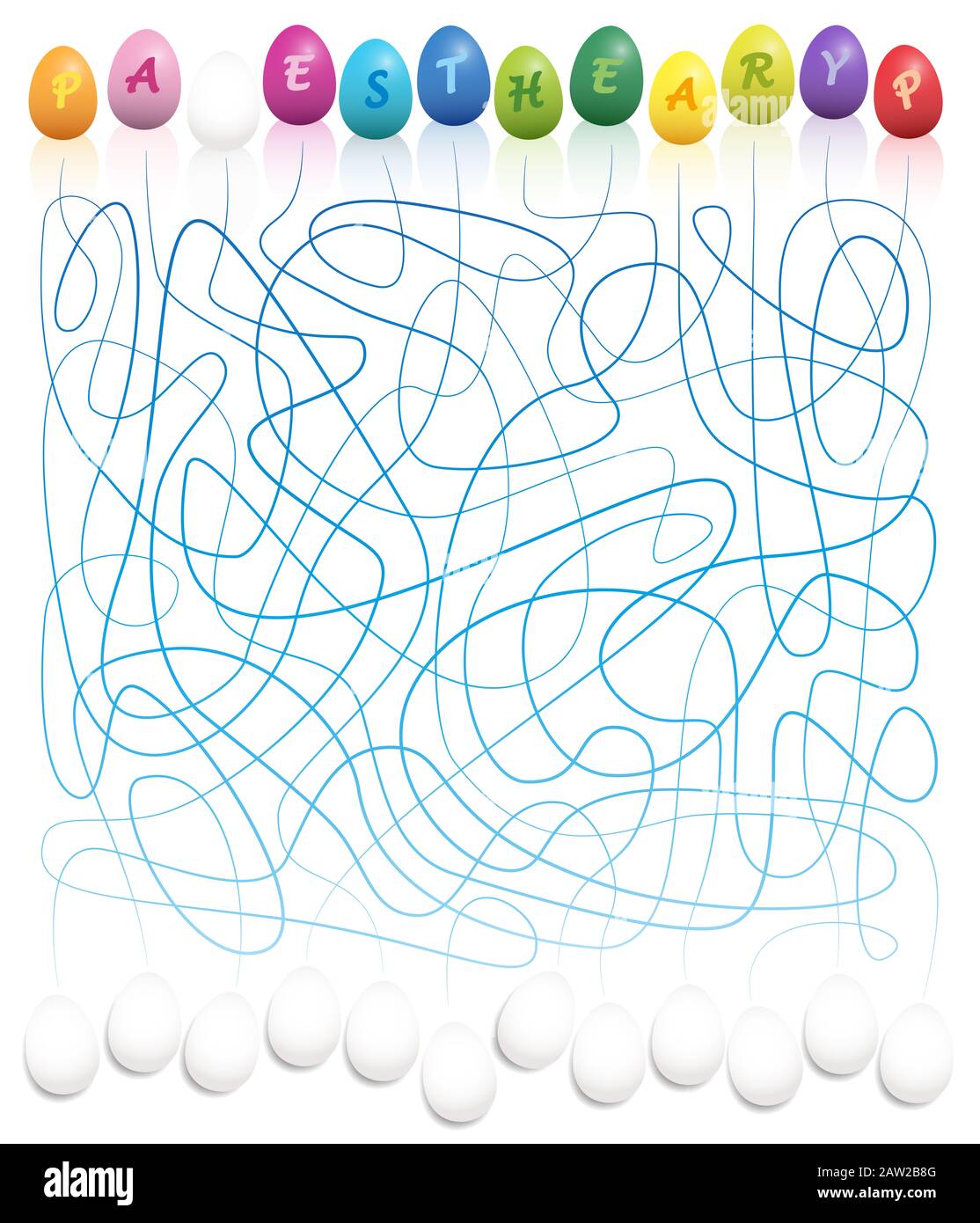 Ostereier-Labyrinth - verbinden Sie die farbigen ostereierbriefe mit den weißen Eiern, um FROHE OSTERN zu schreiben. Lustige Labyrinthspiele für Kinder. Stockfoto