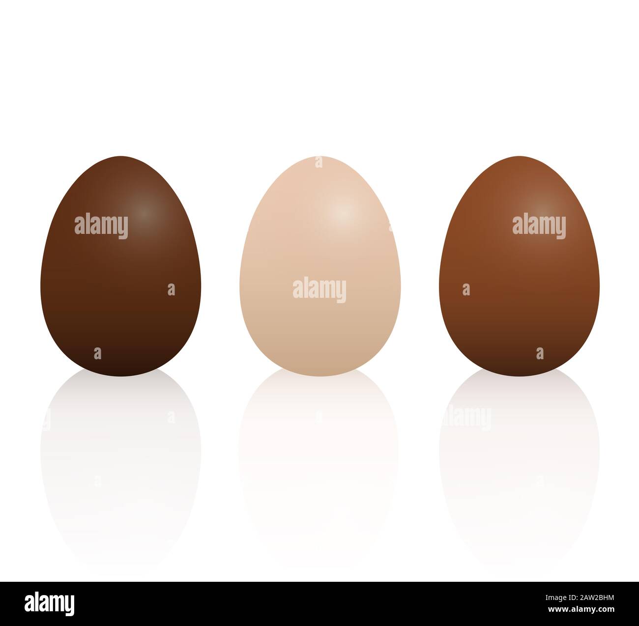 Ostereier aus Milch, dunkler und heller Schokolade - 3D-Darstellung auf weißem Hintergrund. Stockfoto