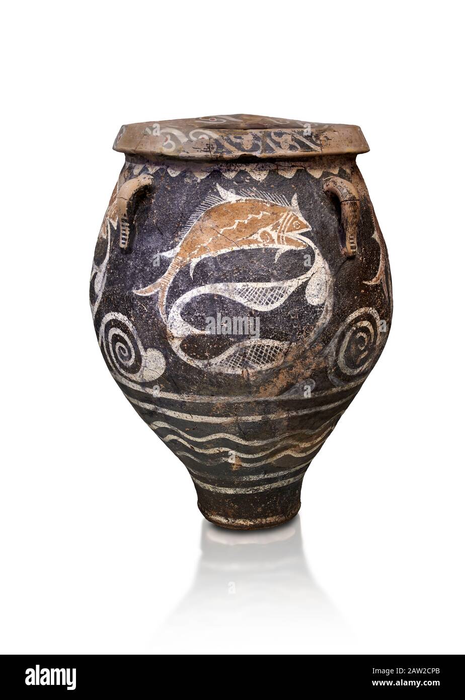 Minoan Kamares Ware jar mit natürlichen Fischdekorationen in einem Netz, Phaistos 1900-1700 v. Chr.; Archäologisches Museum Heraklion, weißer Hintergrund. Dieser Po Stockfoto