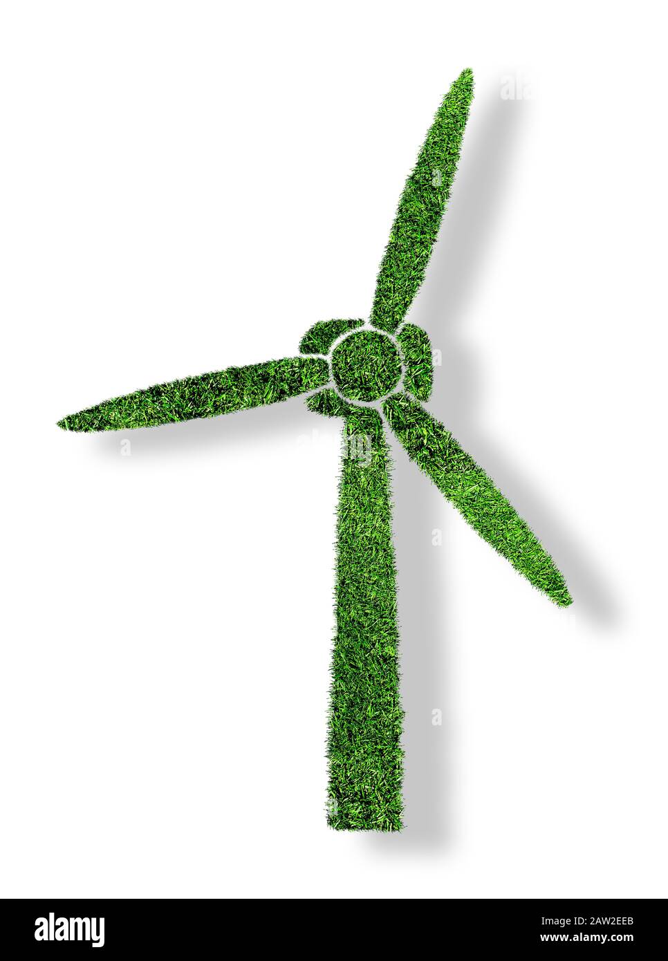 Grüne Gras-Windkraftanlage isoliert auf weißem Hintergrund, Symbol für ein regenerierbares und klimafreundliches Energiekonzept Stockfoto