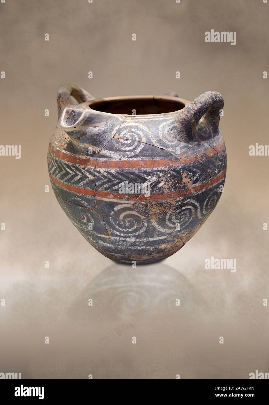 Minoan Kamares Ware sprießt Glas mit 2 Griffen mit polychromen Dekorationen, Phaistos Palast 1800-1600 v. Chr.; Archäologisches Museum Heraklion. Dieser Stall Stockfoto