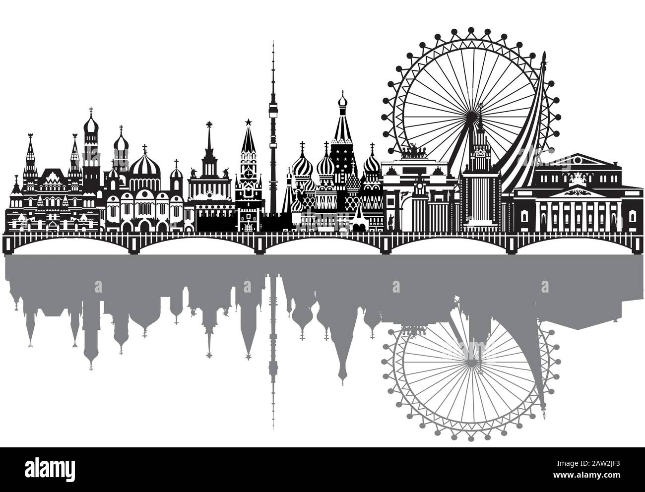 Vektordarstellung der wichtigsten Wahrzeichen Moskaus mit Reflexion. City Skyline Vector monochrome Illustration. Hintergrund der Skyline Moskaus. Monochrom s Stock Vektor