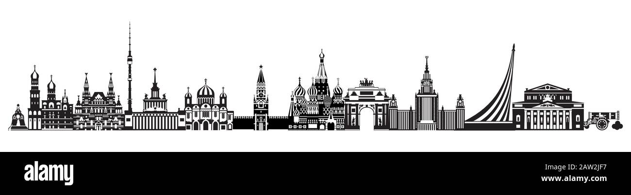 Vektor-Illustration der Skyline von Moskau mit Panoramablick. Vektorgrafiken von Wahrzeichen Moskaus, Russlands in schwarz-weißen Farben isoliert auf weißem Backgroun Stock Vektor