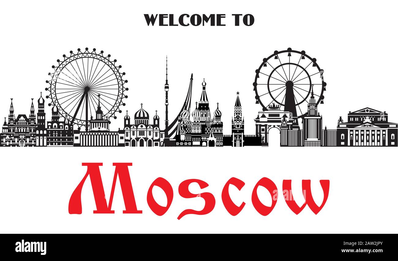 Vektordarstellung der wichtigsten Wahrzeichen Moskaus. City Skyline Vector monochrome Illustration. Hintergrund der Skyline Moskaus. Willkommen in Moskau monochrom Stock Vektor