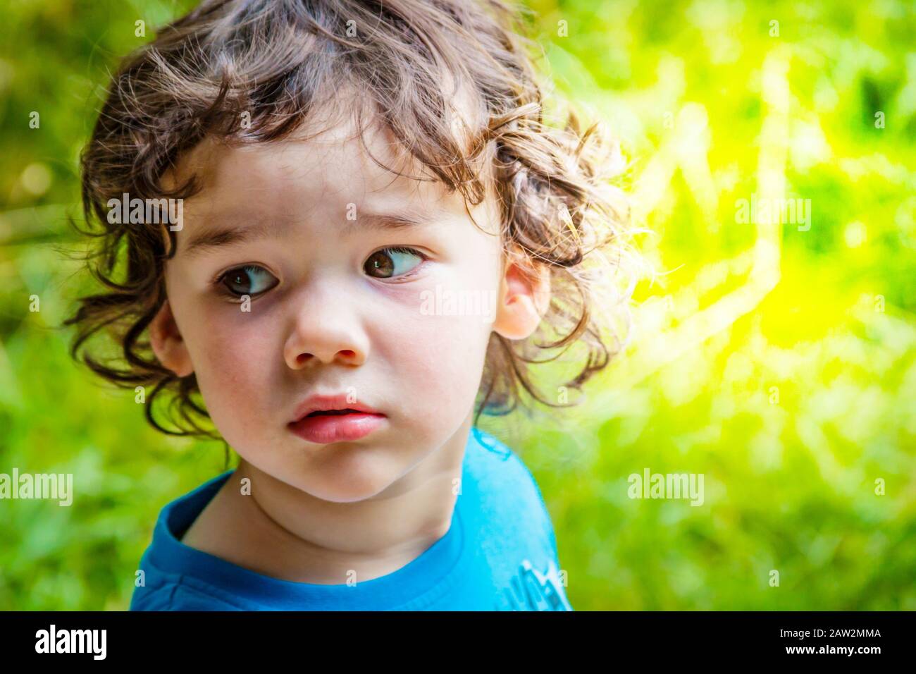 Kopfschuss des 3 Jahre alten Jungen, goldenes Licht Stockfoto