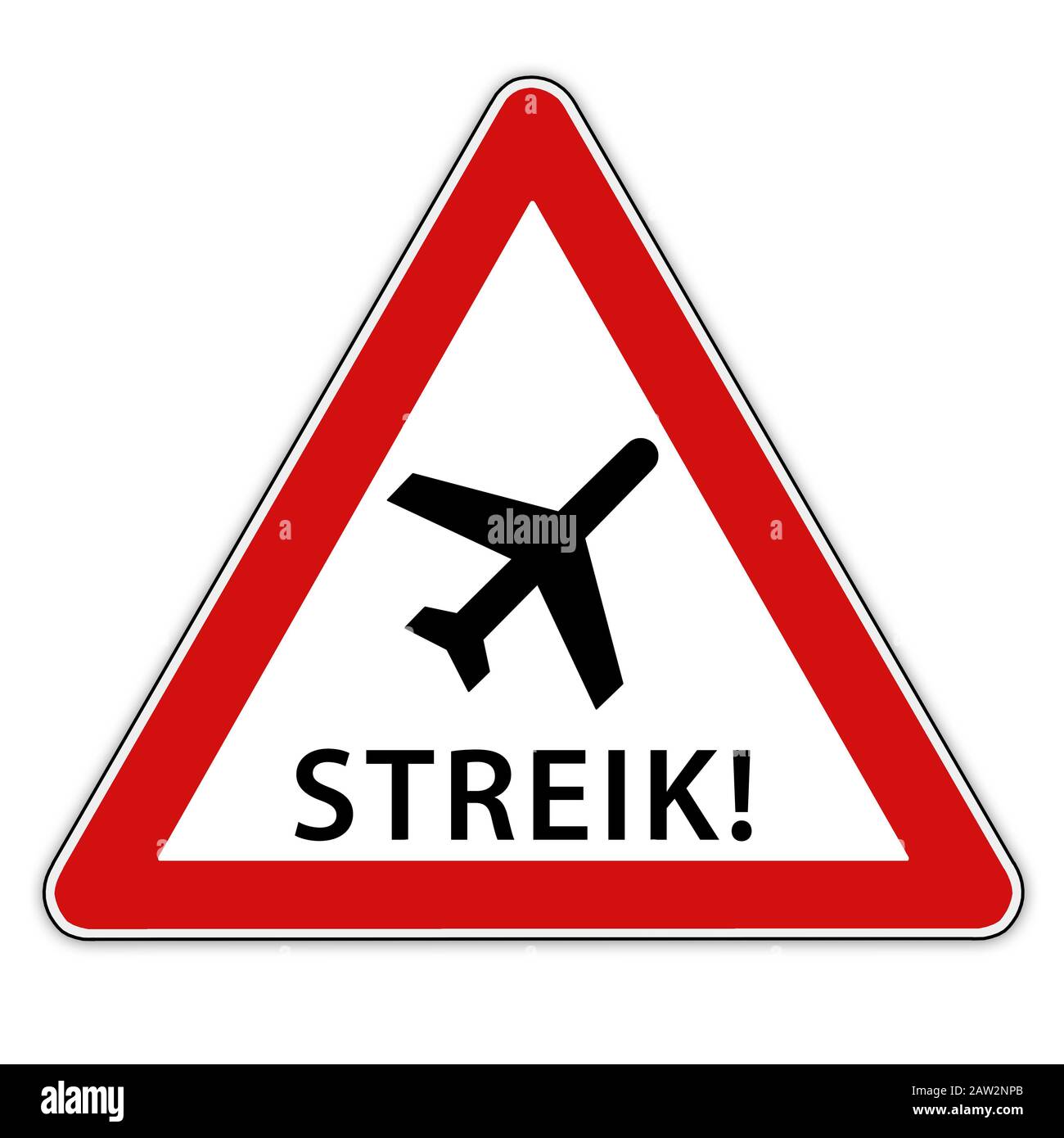 Isoliertes rot-weißes Verkehrszeichen mit Flugzeug symbolisch für Streik - in deutscher Sprache Stockfoto