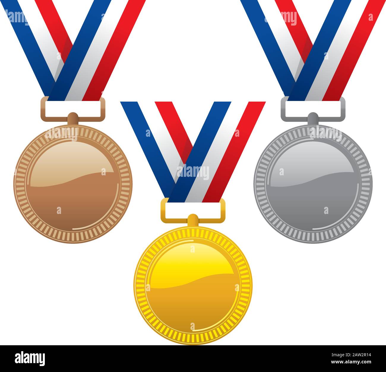 Vektorset aus Gold-, Silber- und Bronzemedaillen mit Farbbändern. Symbole für die Siegermedaille des Champions. Symbole für den Sportsieger auf weißem Hintergrund isoliert. EPS10 illus Stock Vektor