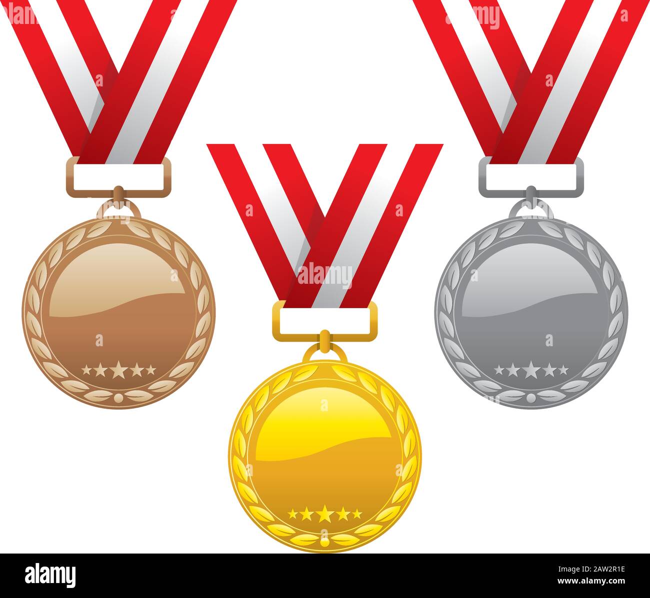 Vektorset aus Gold-, Silber- und Bronzemedaillen isoliert auf weißem Hintergrund. Glänzende Medaillensymbole Stock Vektor