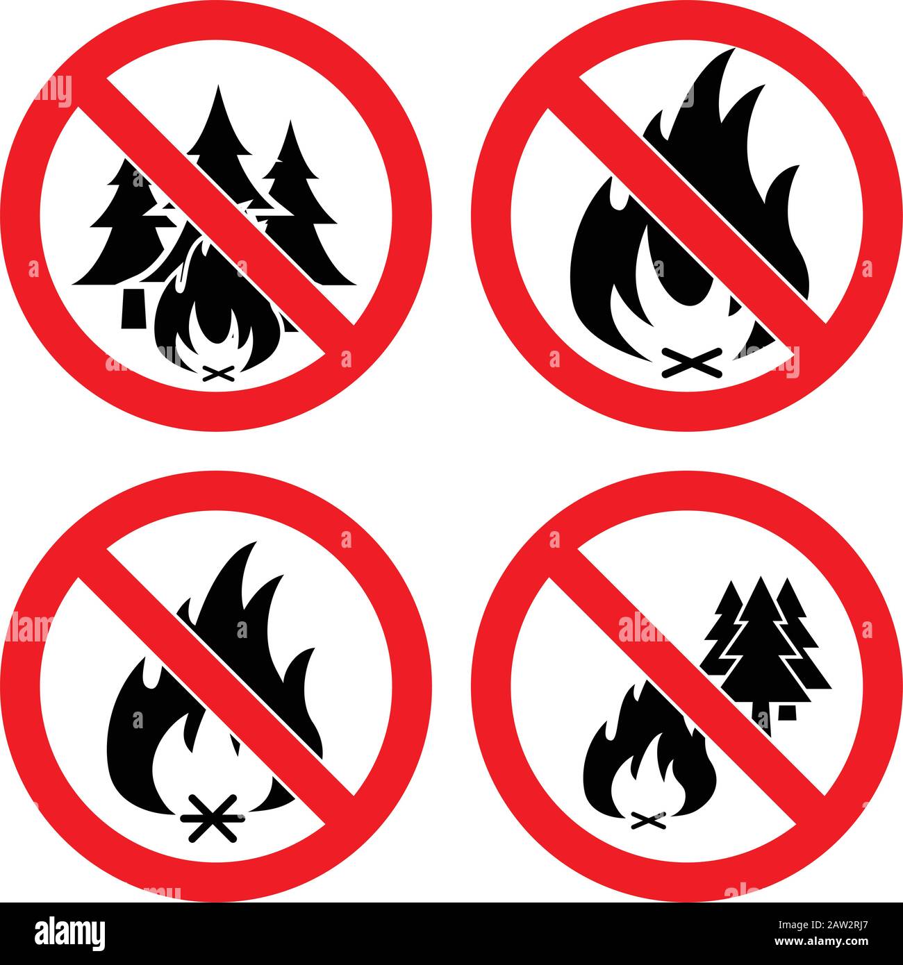 Vektorsammlung ohne Waldbrandsymbole. Alarmzeichen mit Bäumen und Lagerfeuer auf weißem Hintergrund isoliert. Stock Vektor
