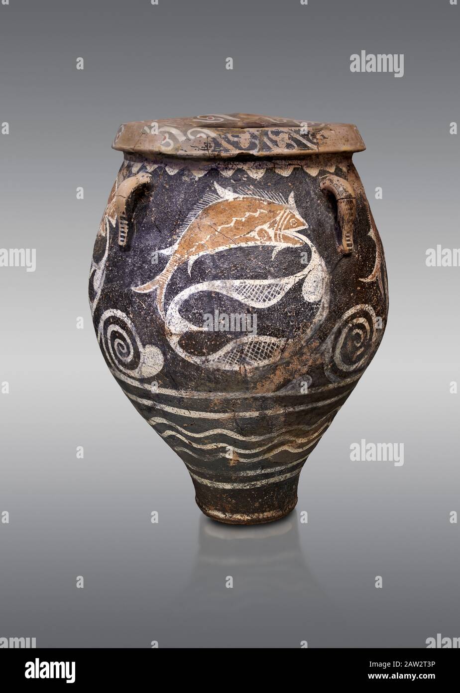 Minoan Kamares Ware jar mit natürlichen Fischdekorationen in einem Netz, Phaistos 1900-1700 v. Chr.; Archäologisches Museum Heraklion, grauer Hintergrund. Dieser Topf Stockfoto