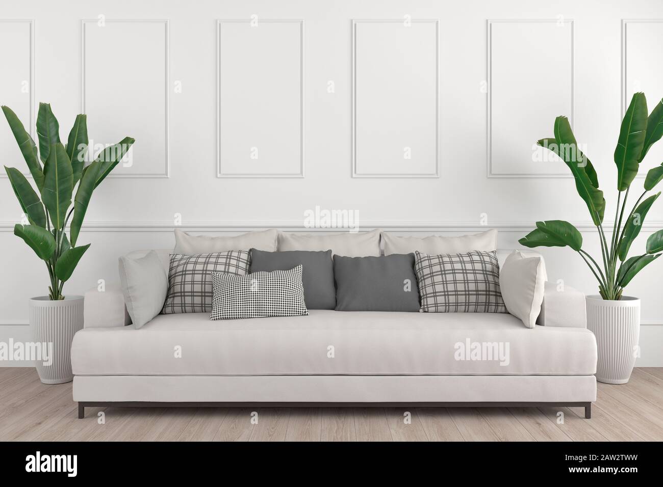 3D-Rendering des Innendesigns mit weißer Wand, weißem Sofa und tropischen Pflanzen Stockfoto